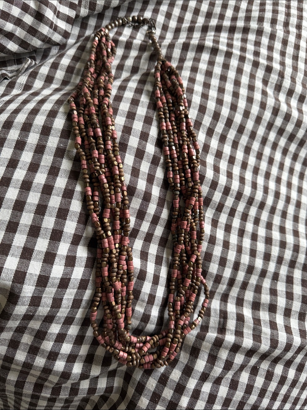 Multi-Strand Pink and Brown wood Beaded Necklace - vintage
